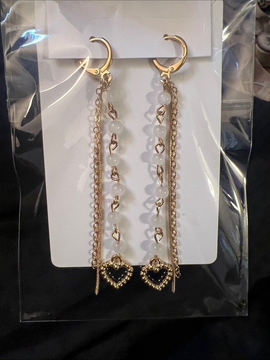 Hand Crafted Jewelry - Handcrafted Gold Heart Drop Ear Huggies with White Beads